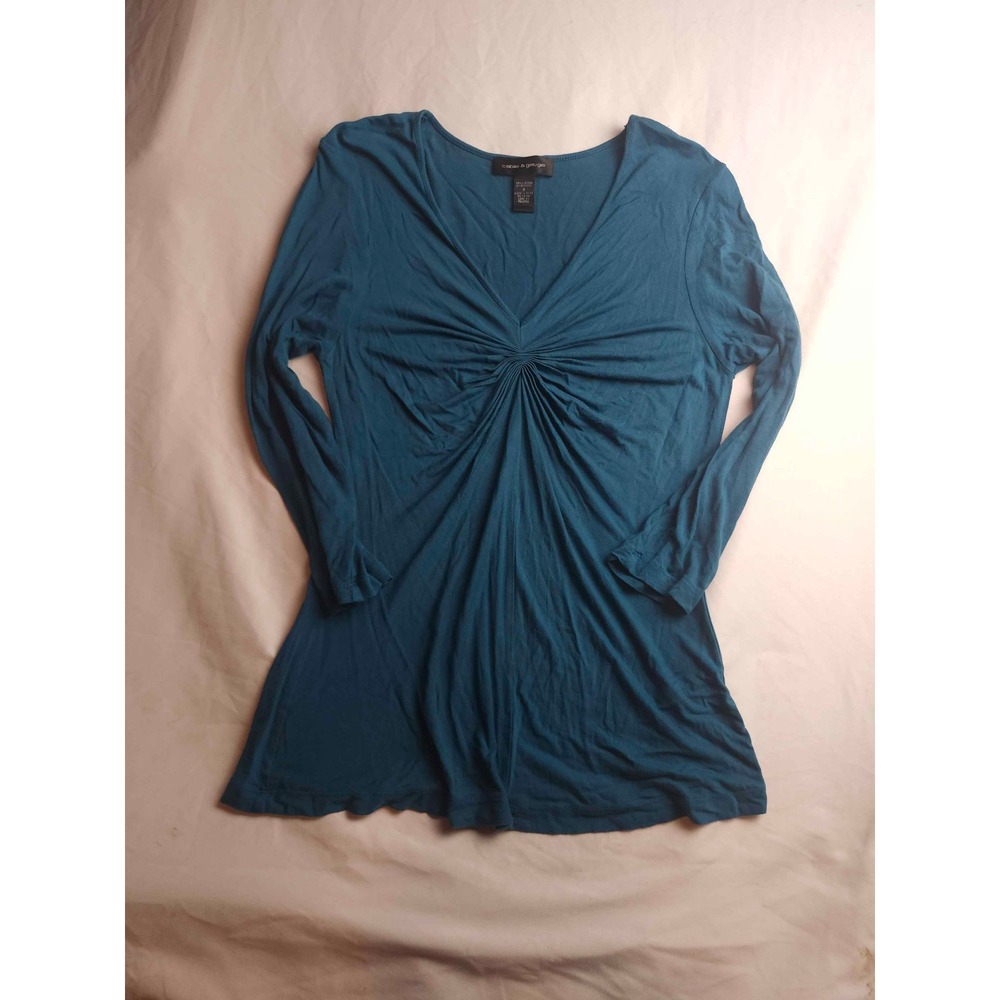 Cable & Gauge Teal Blue Pleated V-Neck Long Sleeve Tunic Top Small